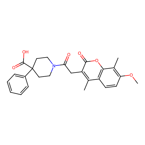 1-(2-(7-methoxy-4,8-dimethyl-2-oxo-2H-chromen-3-yl)acetyl)-4-phenylpiperidine-4-carboxylic acid structure