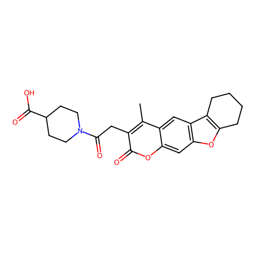 1-(2-(4-methyl-2-oxo-6,7,8,9-tetrahydro-2H-benzofuro[3,2-g]chromen-3-yl)acetyl)piperidine-4-carboxylic acid structure