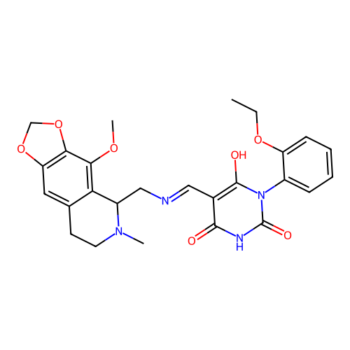 (5Z)-1-(2-ethoxyphenyl)-5-[[(4-methoxy-6-methyl-7,8-dihydro-5H-[1,3]dioxolo[4,5-g]isoquinolin-5-yl)methylamino]methylidene]-1,3-diazinane-2,4,6-trione structure