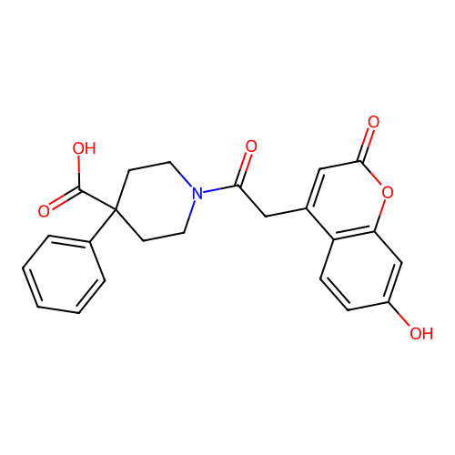 1-[(7-hydroxy-2-oxo-2H-chromen-4-yl)acetyl]-4-phenylpiperidine-4-carboxylic acid structure