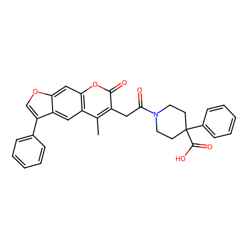 1-(2-(5-methyl-7-oxo-3-phenyl-7H-furo[3,2-g]chromen-6-yl)acetyl)-4-phenylpiperidine-4-carboxylic acid structure
