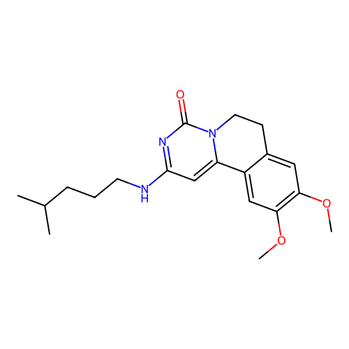 9,10-dimethoxy-2-((4-methylpentyl)amino)-6,7-dihydro-4H-pyrimido[6,1-a]isoquinolin-4-one structure