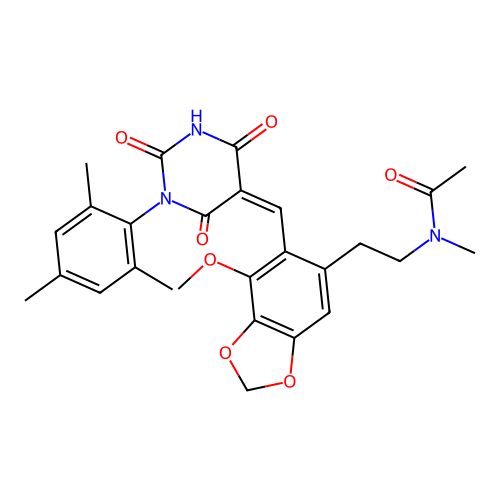 (Z)-N-(2-(6-((1-mesityl-2,4,6-trioxotetrahydropyrimidin-5(2H)-ylidene)methyl)-7-methoxybenzo[d][1,3]dioxol-5-yl)ethyl)-N-methylacetamide structure