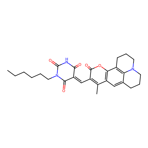 1-hexyl-5-((9-methyl-11-oxo-2,3,5,6,7,11-hexahydro-1H-pyrano[2,3-f]pyrido[3,2,1-ij]quinolin-10-yl)methylene)pyrimidine-2,4,6(1H,3H,5H)-trione structure