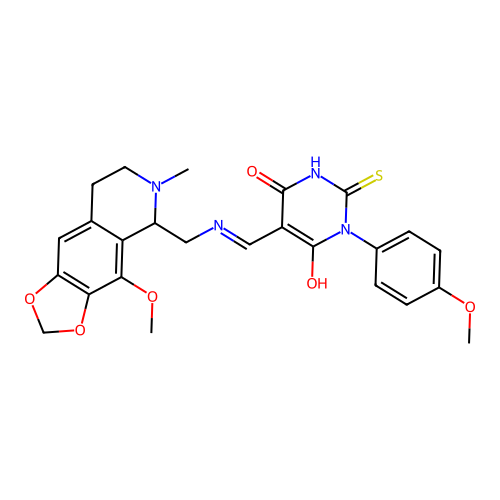 (Z)-5-((((4-methoxy-6-methyl-5,6,7,8-tetrahydro-[1,3]dioxolo[4,5-g]isoquinolin-5-yl)methyl)amino)methylene)-1-(4-methoxyphenyl)-2-thioxodihydropyrimidine-4,6(1H,5H)-dione structure