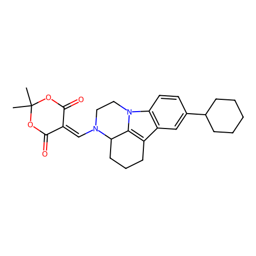 5-((8-cyclohexyl-3a,4,5,6-tetrahydro-1H-pyrazino[3,2,1-jk]carbazol-3(2H)-yl)methylene)-2,2-dimethyl-1,3-dioxane-4,6-dione structure
