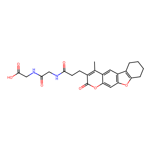2-(2-(3-(4-methyl-2-oxo-6,7,8,9-tetrahydro-2H-benzofuro[3,2-g]chromen-3-yl)propanamido)acetamido)acetic acid structure