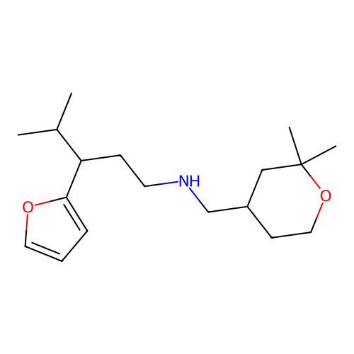 N-[(2,2-dimethyloxan-4-yl)methyl]-3-(2-furyl)-4-methyl-pentan-1-amine structure