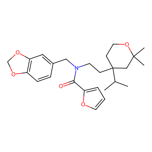 N-(1,3-benzodioxol-5-ylmethyl)-N-[2-(2,2-dimethyl-4-propan-2-yloxan-4-yl)ethyl]furan-2-carboxamide structure