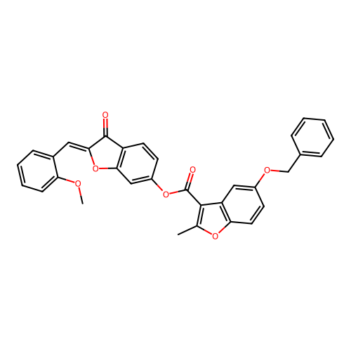 (2Z)-2-(2-methoxybenzylidene)-3-oxo-2,3-dihydro-1-benzofuran-6-yl 5-(benzyloxy)-2-methyl-1-benzofuran-3-carboxylate structure