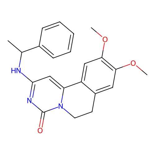 9,10-dimethoxy-2-((1-phenylethyl)amino)-6,7-dihydro-4H-pyrimido[6,1-a]isoquinolin-4-one structure