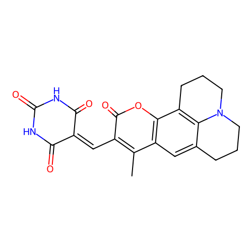 5-((9-methyl-11-oxo-2,3,5,6,7,11-hexahydro-1H-pyrano[2,3-f]pyrido[3,2,1-ij]quinolin-10-yl)methylene)pyrimidine-2,4,6(1H,3H,5H)-trione structure