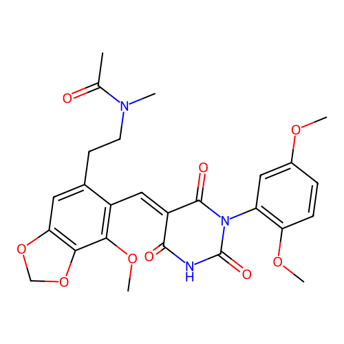 N-(2-(6-((1-(2,5-dimethoxyphenyl)-2,4,6-trioxotetrahydropyrimidin-5(2H)-ylidene)methyl)-7-methoxybenzo[d][1,3]dioxol-5-yl)ethyl)-N-methylacetamide structure