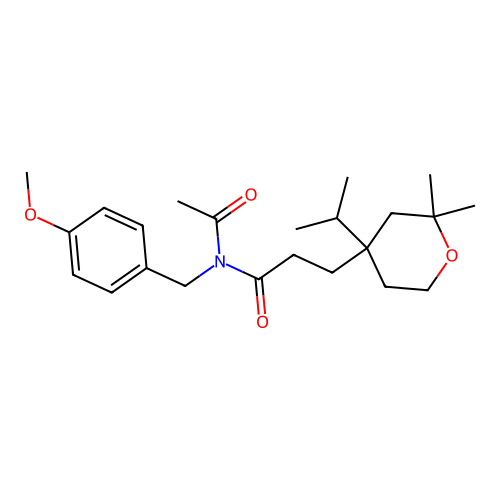 N-acetyl-3-(2,2-dimethyl-4-propan-2-yloxan-4-yl)-N-[(4-methoxyphenyl)methyl]propanamide structure