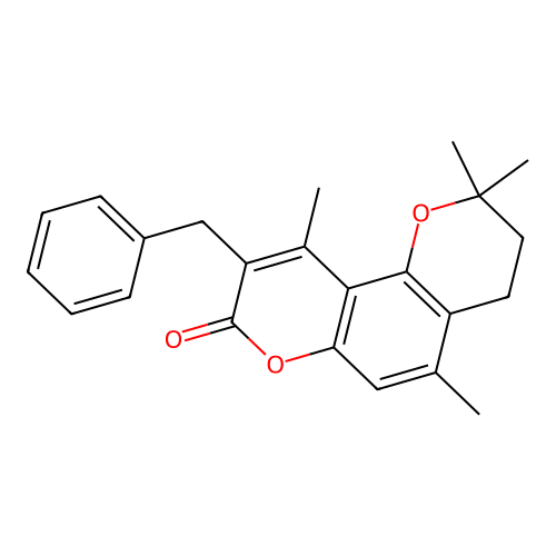 9-benzyl-2,2,5,10-tetramethyl-3,4-dihydro-2H,8H-pyrano[2,3-f]chromen-8-one structure