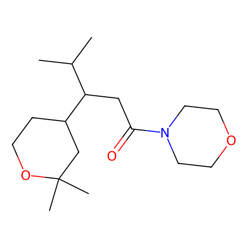3-(2,2-dimethyltetrahydro-2H-pyran-4-yl)-4-methyl-1-morpholinopentan-1-one structure