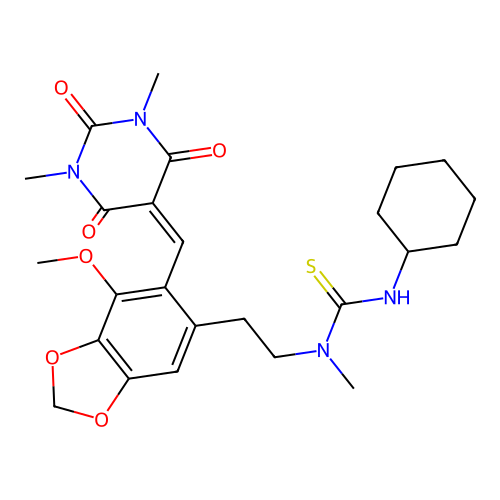 3-cyclohexyl-1-(2-(6-((1,3-dimethyl-2,4,6-trioxotetrahydropyrimidin-5(2H)-ylidene)methyl)-7-methoxybenzo[d][1,3]dioxol-5-yl)ethyl)-1-methylthiourea structure