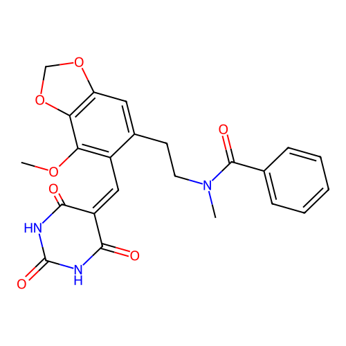 N-(2-(7-methoxy-6-((2,4,6-trioxotetrahydropyrimidin-5(2H)-ylidene)methyl)benzo[d][1,3]dioxol-5-yl)ethyl)-N-methylbenzamide structure