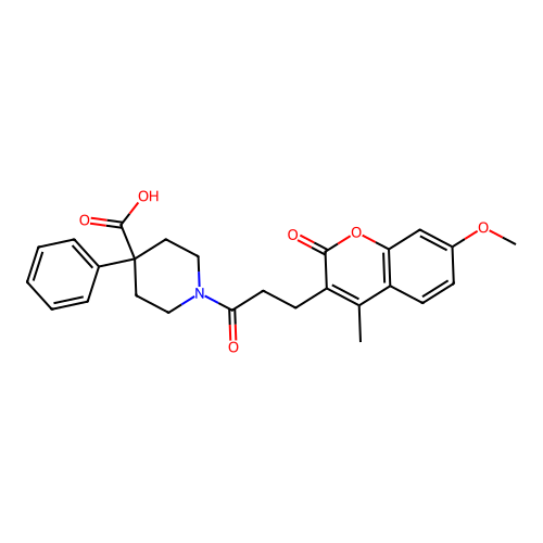 1-(3-(7-methoxy-4-methyl-2-oxo-2H-chromen-3-yl)propanoyl)-4-phenylpiperidine-4-carboxylic acid structure