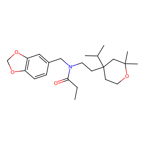 N-(1,3-benzodioxol-5-ylmethyl)-N-[2-(2,2-dimethyl-4-propan-2-yloxan-4-yl)ethyl]propanamide structure