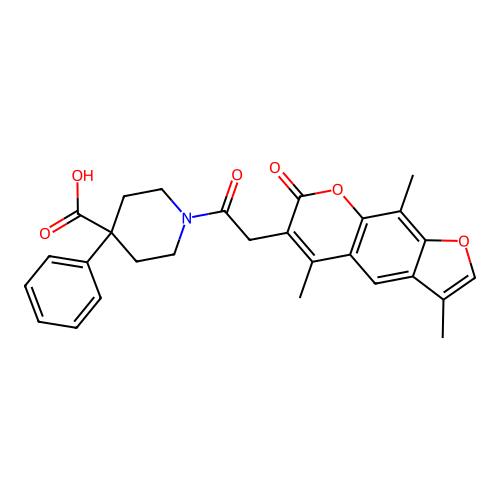 4-phenyl-1-(2-(3,5,9-trimethyl-7-oxo-7H-furo[3,2-g]chromen-6-yl)acetyl)piperidine-4-carboxylic acid structure