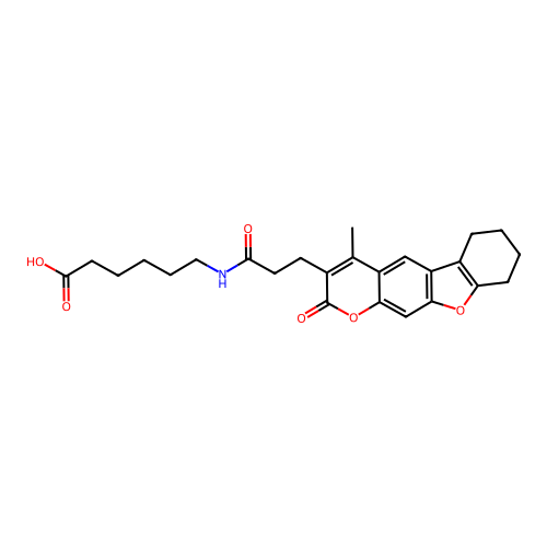6-(3-(4-methyl-2-oxo-6,7,8,9-tetrahydro-2H-benzofuro[3,2-g]chromen-3-yl)propanamido)hexanoic acid structure