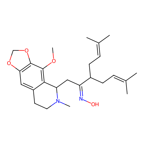 1-(4-methoxy-6-methyl-5,6,7,8-tetrahydro-[1,3]dioxolo[4,5-g]isoquinolin-5-yl)-6-methyl-3-(3-methylbut-2-en-1-yl)hept-5-en-2-one oxime structure