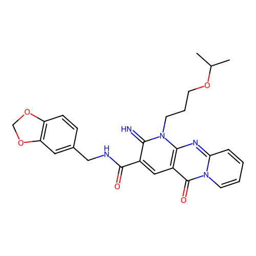 N-(1,3-benzodioxol-5-ylmethyl)-2-imino-5-oxo-1-[3-(propan-2-yloxy)propyl]-1,5-dihydro-2H-dipyrido[1,2-a:2',3'-d]pyrimidine-3-carboxamide structure