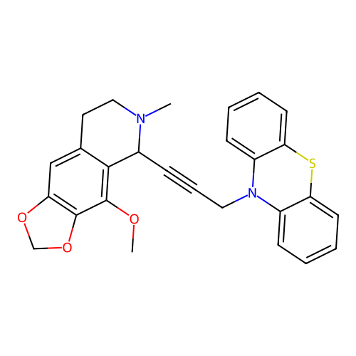 10-[3-(4-methoxy-6-methyl-5,6,7,8-tetrahydro[1,3]dioxolo[4,5-g]isoquinolin-5-yl)prop-2-yn-1-yl]-10H-phenothiazine structure