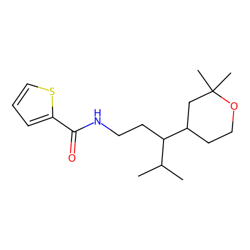 N-[3-(2,2-dimethyloxan-4-yl)-4-methylpentyl]thiophene-2-carboxamide structure