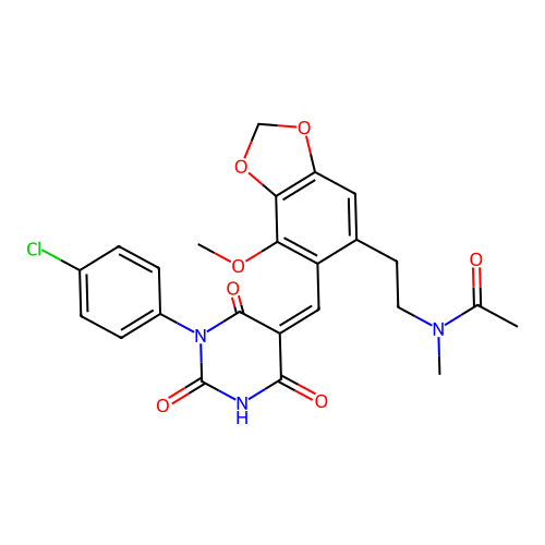 (Z)-N-(2-(6-((1-(4-chlorophenyl)-2,4,6-trioxotetrahydropyrimidin-5(2H)-ylidene)methyl)-7-methoxybenzo[d][1,3]dioxol-5-yl)ethyl)-N-methylacetamide structure