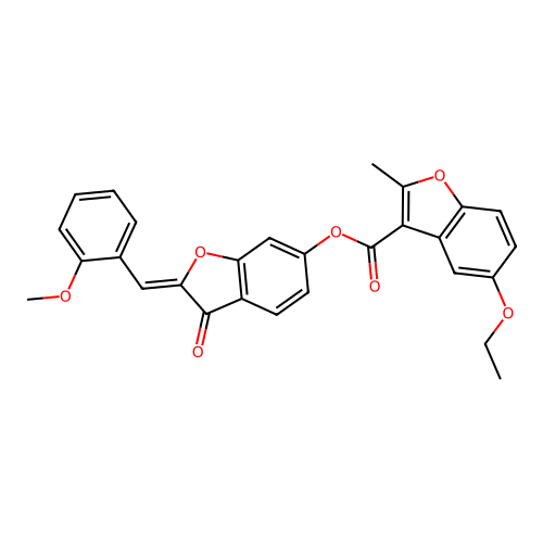(2Z)-2-(2-methoxybenzylidene)-3-oxo-2,3-dihydro-1-benzofuran-6-yl 5-ethoxy-2-methyl-1-benzofuran-3-carboxylate structure