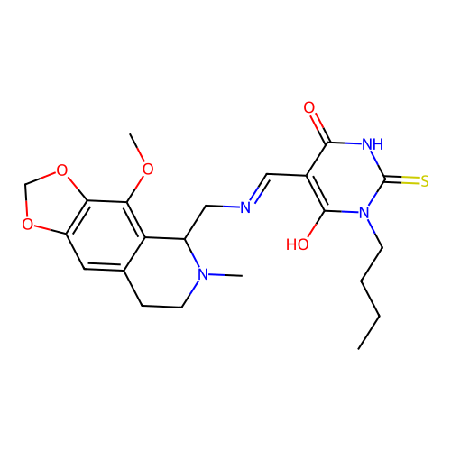 (E)-1-butyl-5-((((4-methoxy-6-methyl-5,6,7,8-tetrahydro-[1,3]dioxolo[4,5-g]isoquinolin-5-yl)methyl)amino)methylene)-2-thioxodihydropyrimidine-4,6(1H,5H)-dione structure