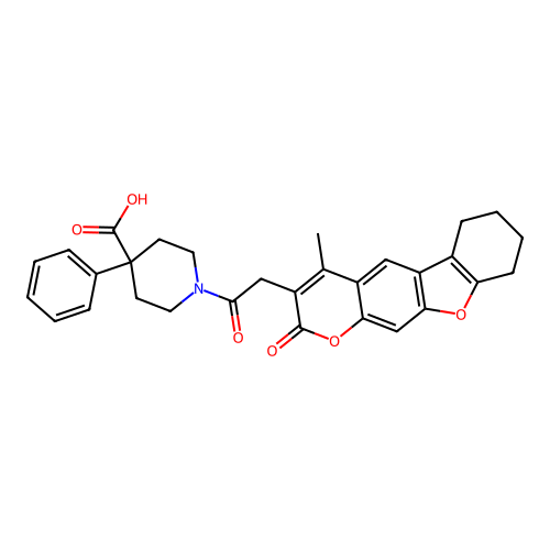 1-(2-(4-methyl-2-oxo-6,7,8,9-tetrahydro-2H-benzofuro[3,2-g]chromen-3-yl)acetyl)-4-phenylpiperidine-4-carboxylic acid structure