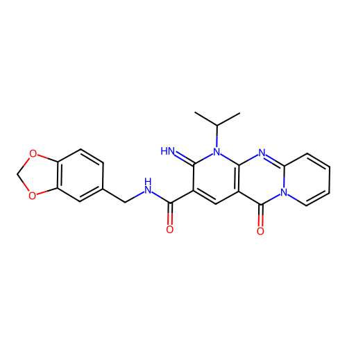 N-[(2H-1,3-benzodioxol-5-yl)methyl]-6-imino-2-oxo-7-(propan-2-yl)-1,7,9-triazatricyclo[8.4.0.0^{3,8}]tetradeca-3(8),4,9,11,13-pentaene-5-carboxamide structure