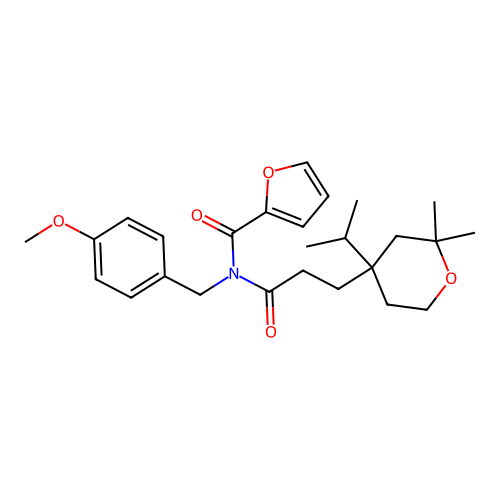 N-(3-(4-isopropyl-2,2-dimethyltetrahydro-2H-pyran-4-yl)propanoyl)-N-(4-methoxybenzyl)furan-2-carboxamide structure