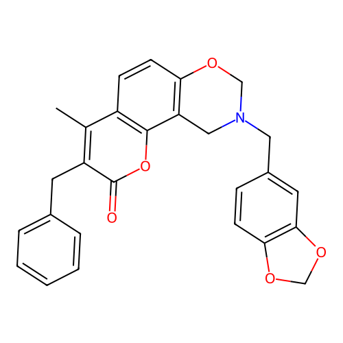 9-(1,3-benzodioxol-5-ylmethyl)-3-benzyl-4-methyl-9,10-dihydro-2H,8H-chromeno[8,7-e][1,3]oxazin-2-one structure
