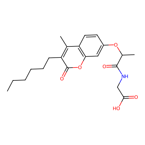 N-{2-[(3-hexyl-4-methyl-2-oxo-2H-chromen-7-yl)oxy]propanoyl}glycine structure
