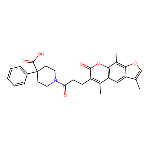 4-phenyl-1-(3-(3,5,9-trimethyl-7-oxo-7H-furo[3,2-g]chromen-6-yl)propanoyl)piperidine-4-carboxylic acid structure