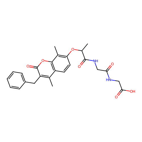 2-(2-(2-((3-benzyl-4,8-dimethyl-2-oxo-2H-chromen-7-yl)oxy)propanamido)acetamido)acetic acid structure