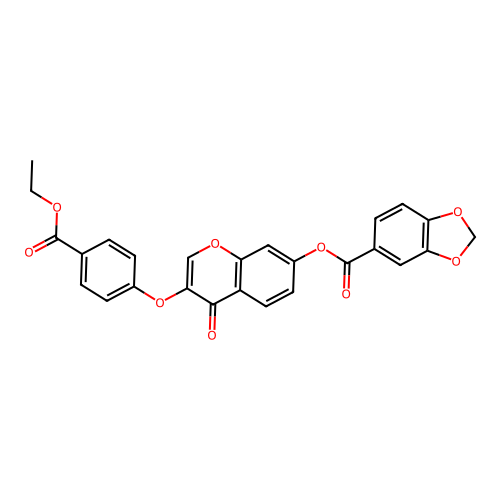 3-(4-(ethoxycarbonyl)phenoxy)-4-oxo-4H-chromen-7-yl benzo[d][1,3]dioxole-5-carboxylate structure