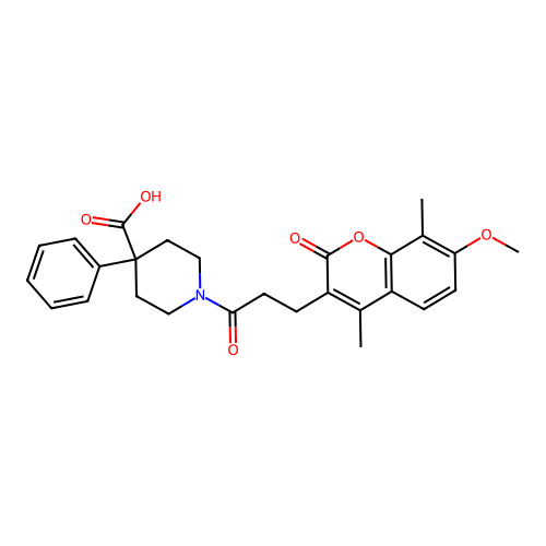 1-(3-(7-methoxy-4,8-dimethyl-2-oxo-2H-chromen-3-yl)propanoyl)-4-phenylpiperidine-4-carboxylic acid structure