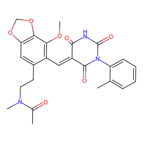 N-(2-(7-methoxy-6-((2,4,6-trioxo-1-(o-tolyl)tetrahydropyrimidin-5(2H)-ylidene)methyl)benzo[d][1,3]dioxol-5-yl)ethyl)-N-methylacetamide structure