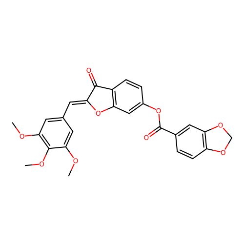 (Z)-3-oxo-2-(3,4,5-trimethoxybenzylidene)-2,3-dihydrobenzofuran-6-yl benzo[d][1,3]dioxole-5-carboxylate structure