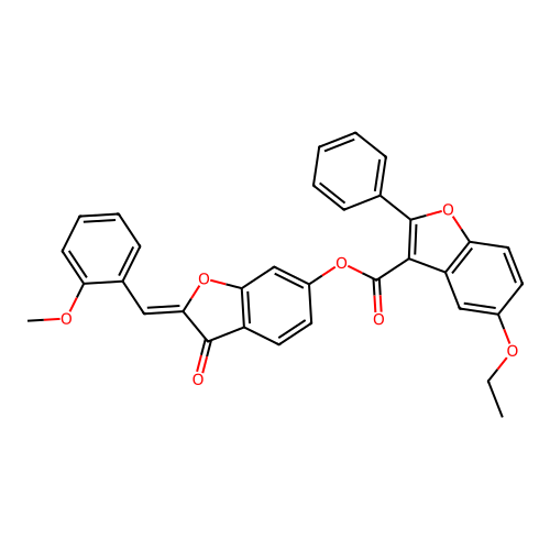 (Z)-2-(2-methoxybenzylidene)-3-oxo-2,3-dihydrobenzofuran-6-yl 5-ethoxy-2-phenylbenzofuran-3-carboxylate structure