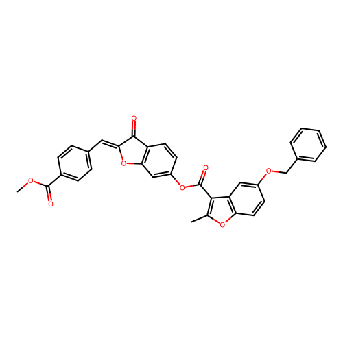 (2Z)-2-[4-(methoxycarbonyl)benzylidene]-3-oxo-2,3-dihydro-1-benzofuran-6-yl 5-(benzyloxy)-2-methyl-1-benzofuran-3-carboxylate structure