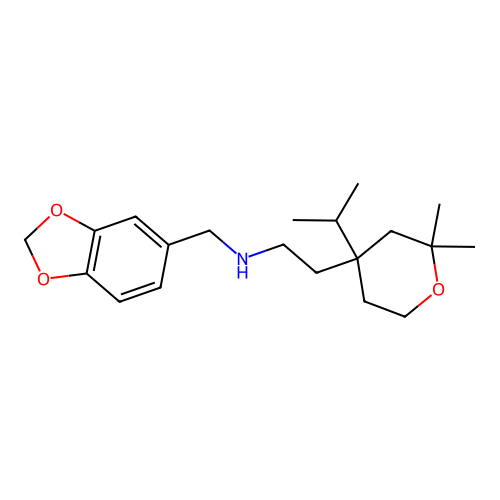 N-(1,3-benzodioxol-5-ylmethyl)-2-(2,2-dimethyl-4-propan-2-yloxan-4-yl)ethanamine structure