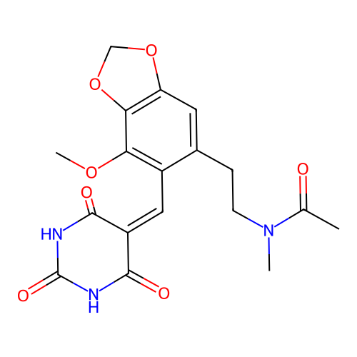 N-(2-(7-methoxy-6-((2,4,6-trioxotetrahydropyrimidin-5(2H)-ylidene)methyl)benzo[d][1,3]dioxol-5-yl)ethyl)-N-methylacetamide structure