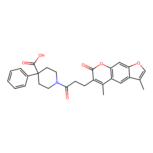 1-(3-(3,5-dimethyl-7-oxo-7H-furo[3,2-g]chromen-6-yl)propanoyl)-4-phenylpiperidine-4-carboxylic acid structure