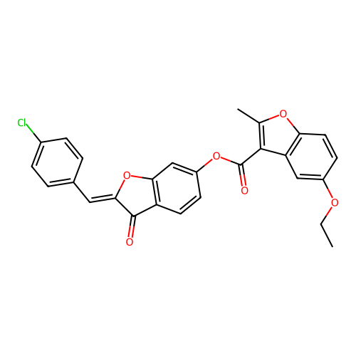 (2Z)-2-(4-chlorobenzylidene)-3-oxo-2,3-dihydro-1-benzofuran-6-yl 5-ethoxy-2-methyl-1-benzofuran-3-carboxylate structure
